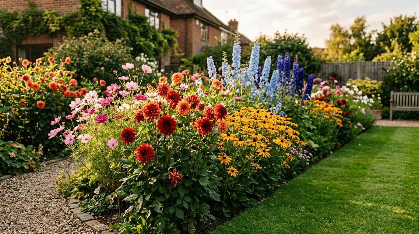 Summer flower border with dahlias, cosmos and rudbeckia in a suburban UK garden