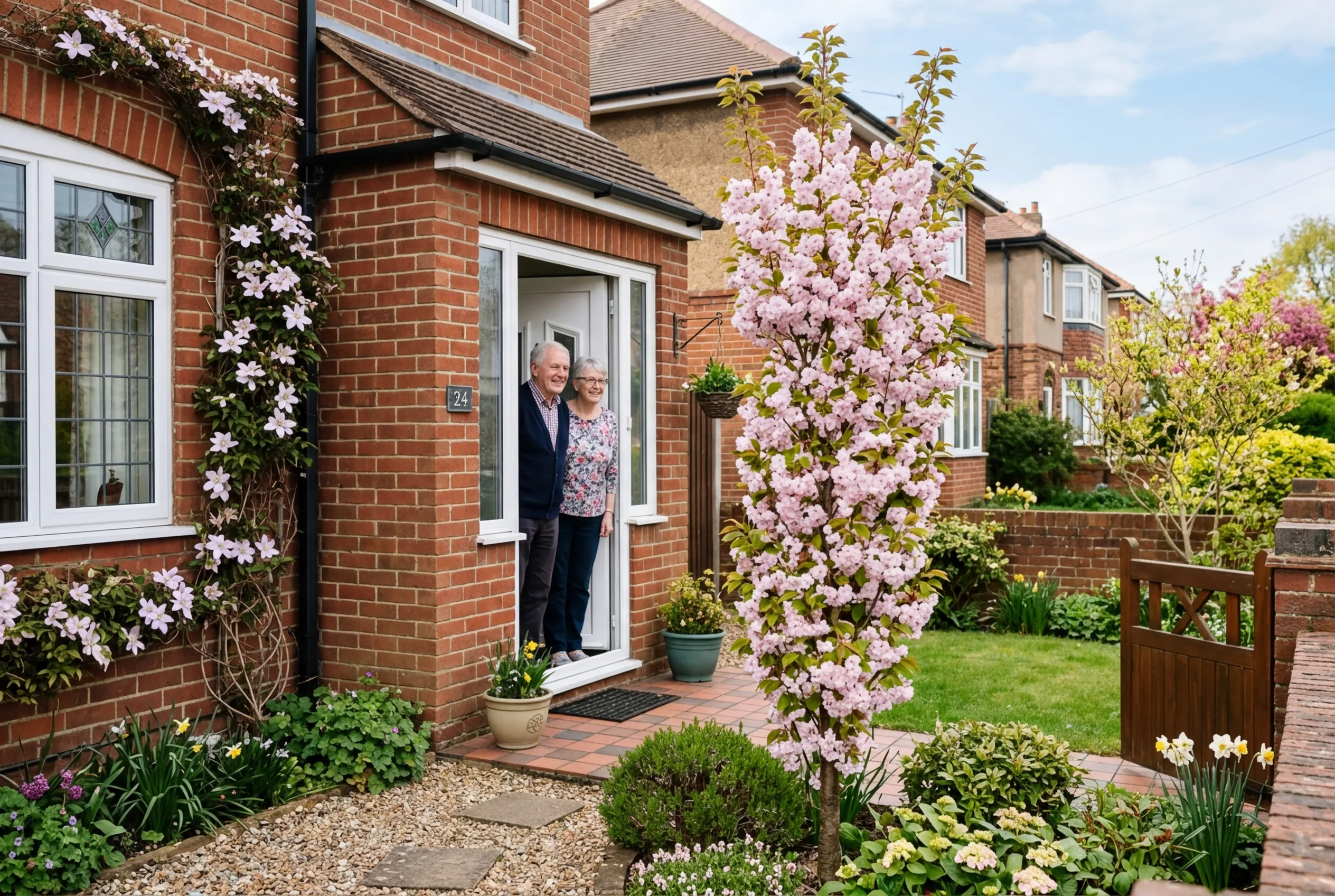 Columnar flowering cherry Amanogawa in a UK suburban front garden with pale pink blossom