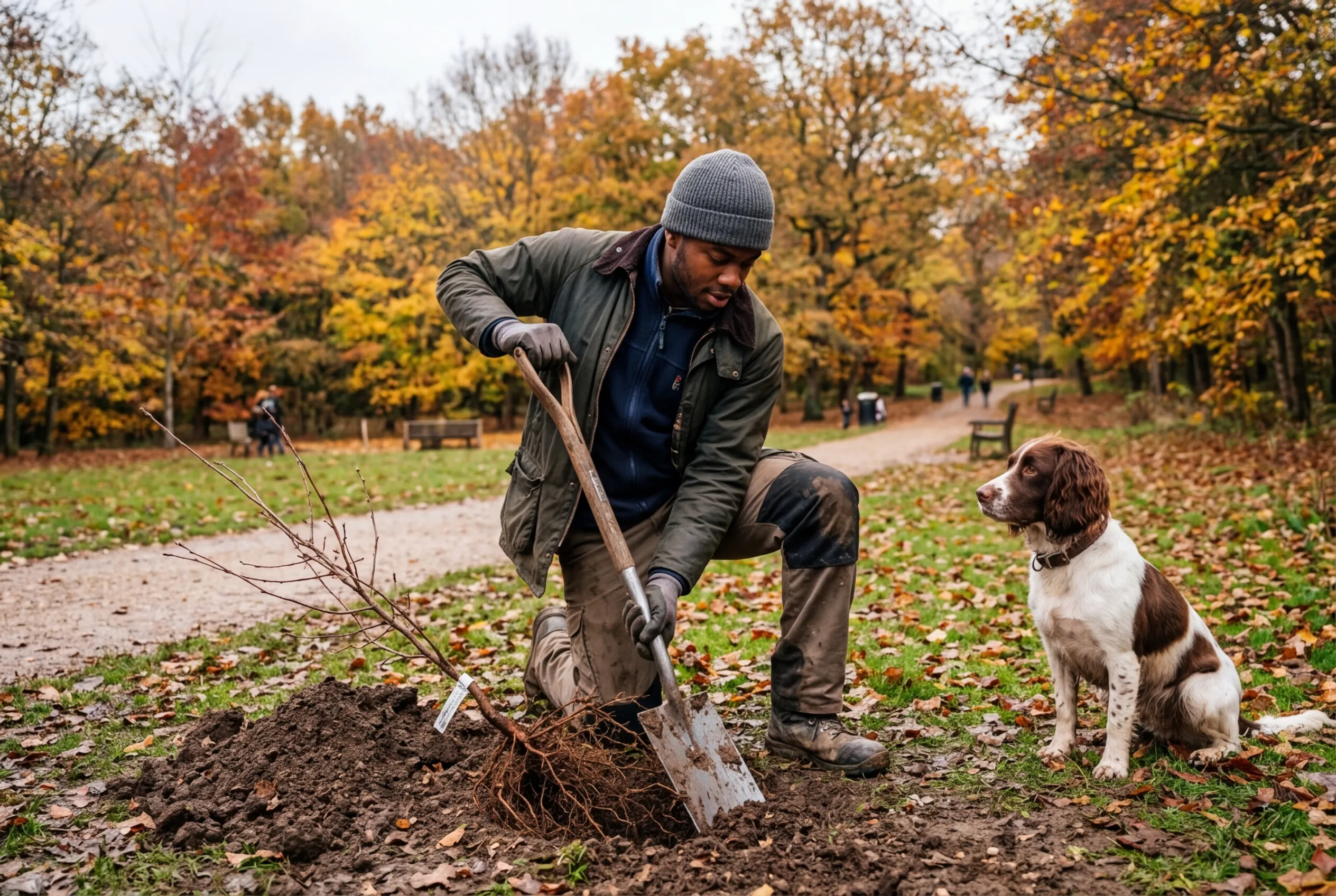 Young man planting a bare-root flowering cherry tree in a UK park in autumn with a springer spaniel