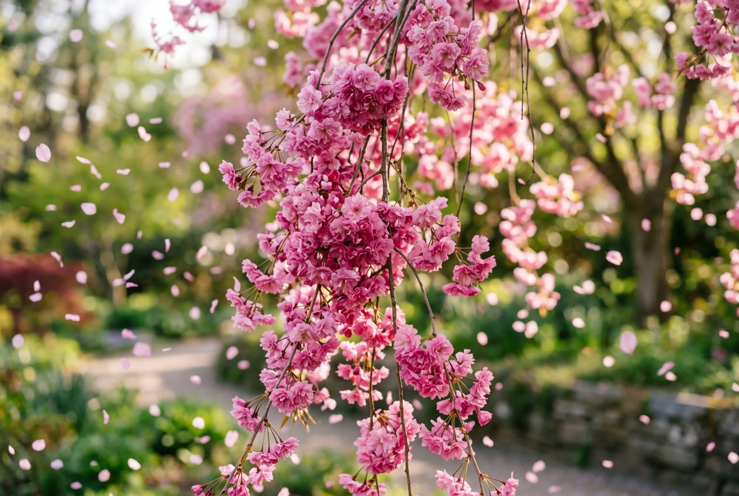 Close-up of weeping cherry blossom with deep pink double flowers and petals falling like confetti