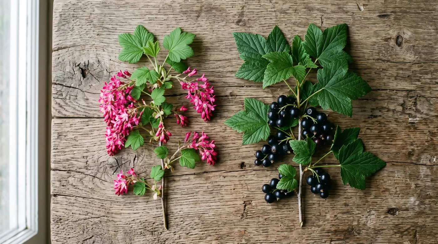 Side-by-side comparison of flowering currant Ribes sanguineum and edible blackcurrant Ribes nigrum leaves and fruit