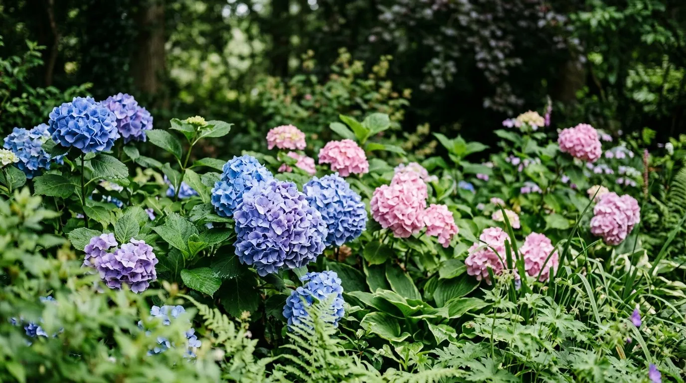 Flowering shrubs hydrangea border with blue and pink mopheads in a shaded UK garden