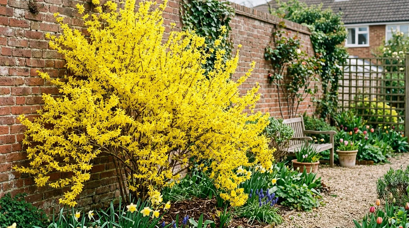 Flowering shrubs spring forsythia in bright yellow bloom against a UK garden wall