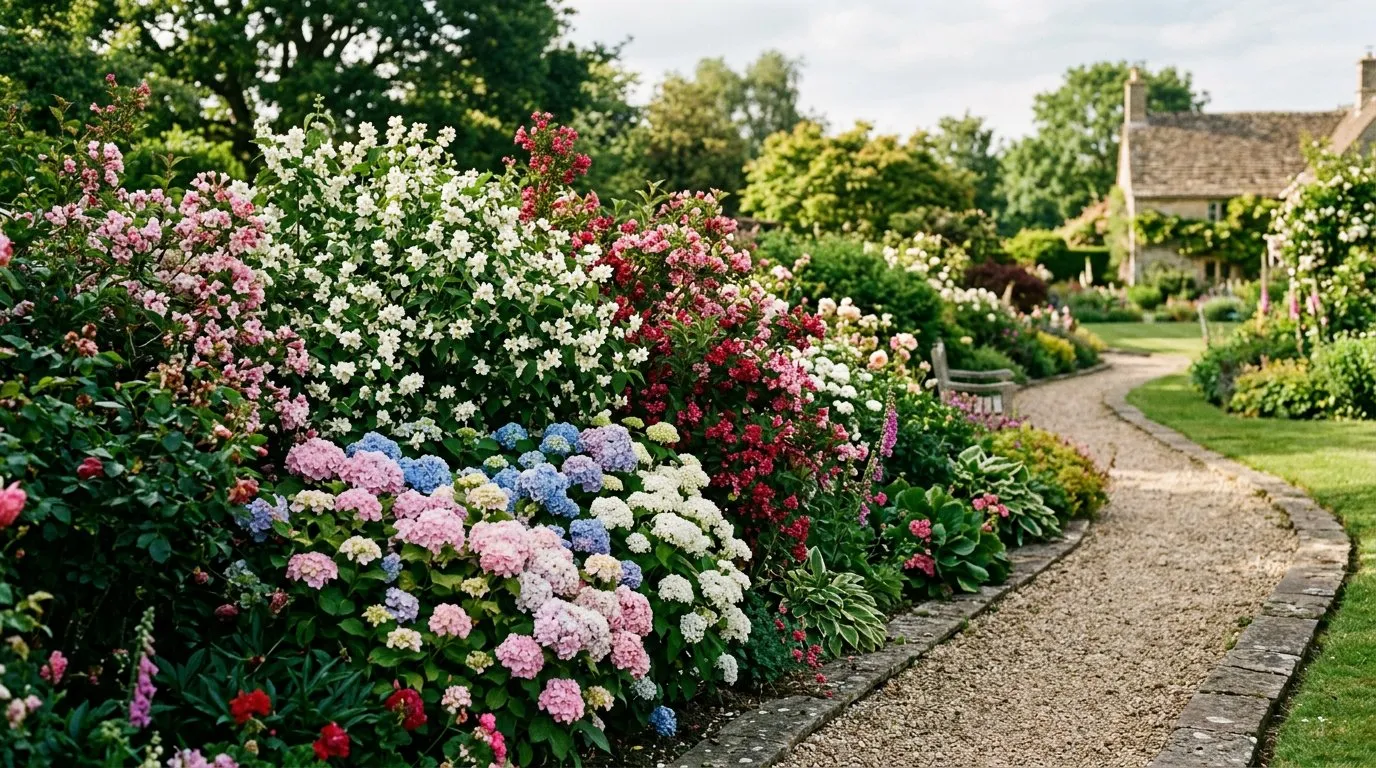 Mixed flowering shrubs including purple buddleja and blue hydrangea blooming in a sunny UK garden border