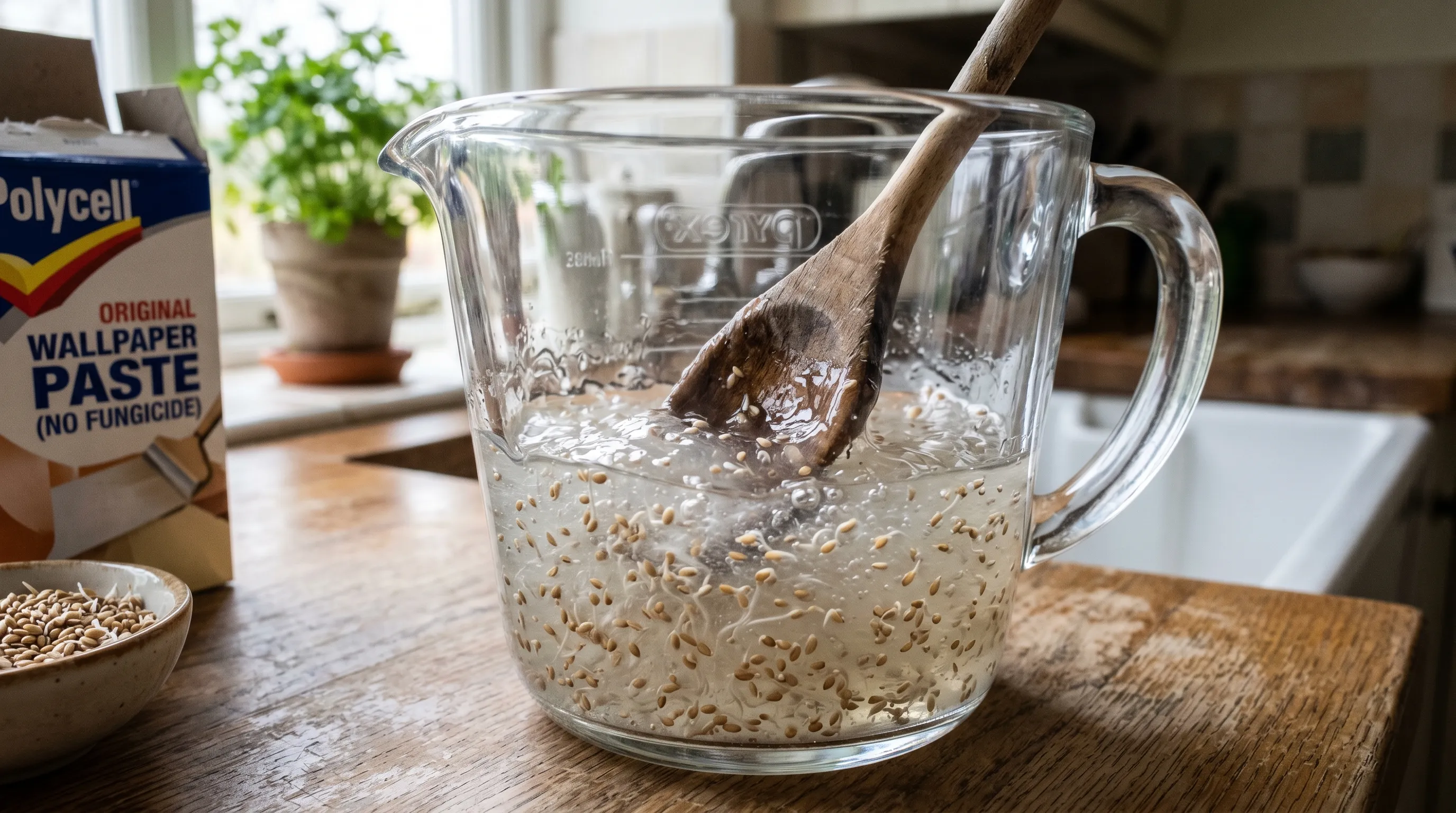Mixing clear cellulose wallpaper paste in a glass jug with pre-chitted carrot seeds floating in the gel, ready for fluid drilling