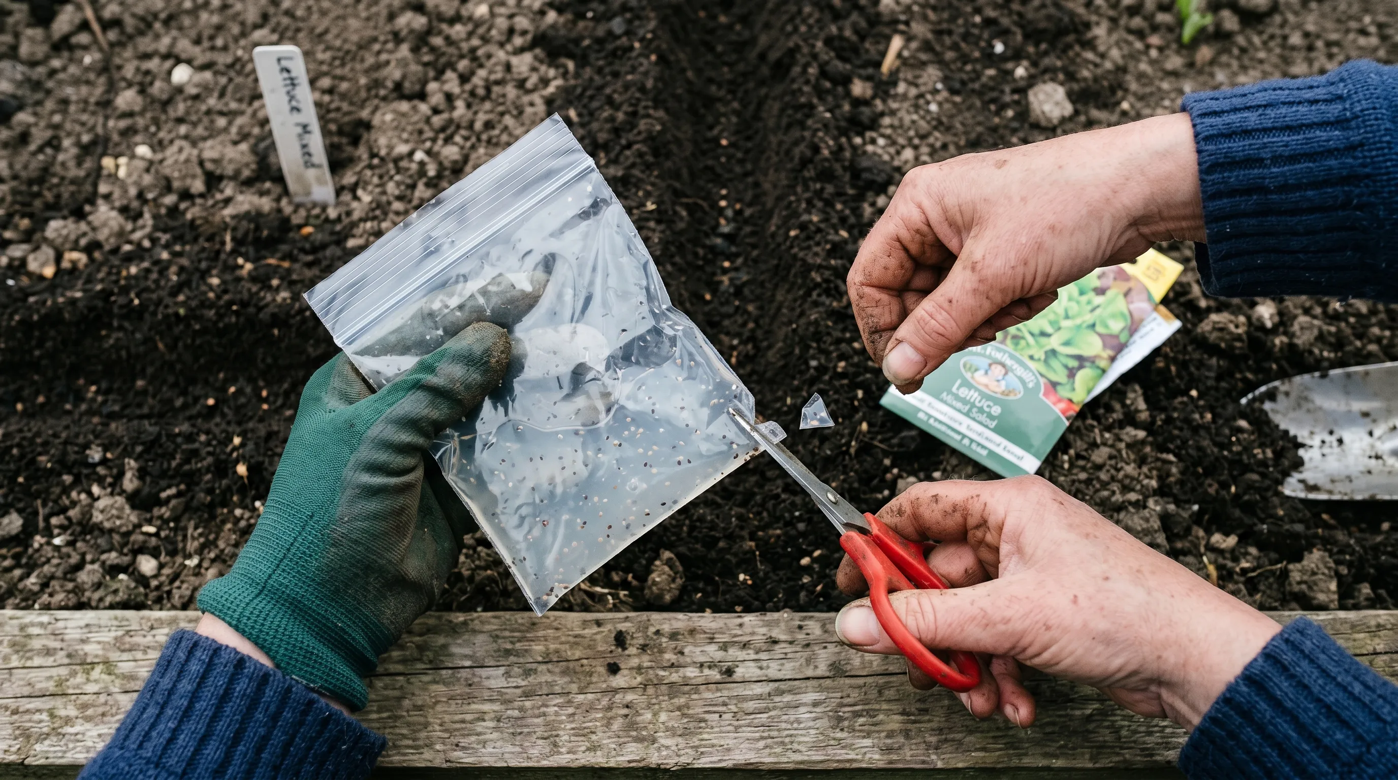 UK gardener's hands cutting a corner from a sealed plastic sandwich bag containing fluid sowing gel and seeds ready to squeeze along a drill
