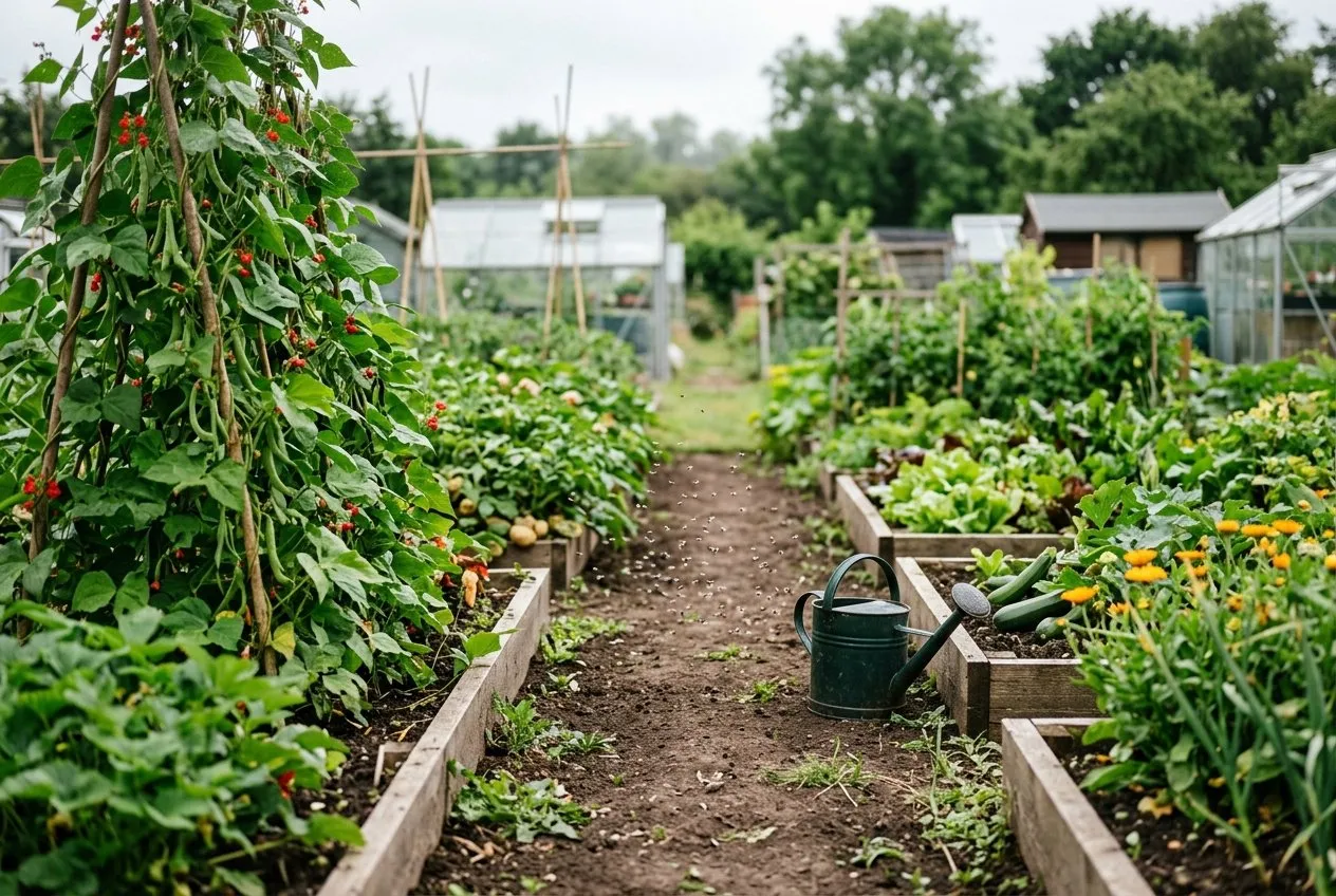An established UK allotment plot in July with raised beds and runner beans, a faint scattering of winged ants rising from the bare soil path between the beds on a warm afternoon