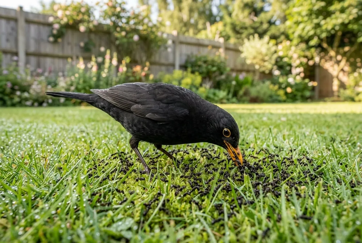 A blackbird feeding on a swarm of black garden ants spread across a green suburban lawn on a sunny July morning, beak down among the moving ants