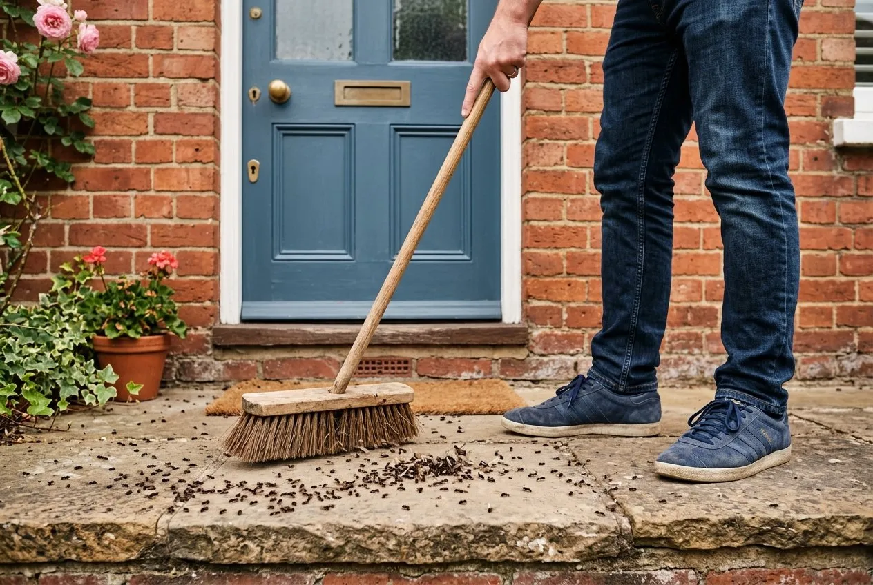A doorstep on a UK terraced house with a person sweeping a small scattering of winged ants off the step with a yard brush on a sunny July day, no faces visible