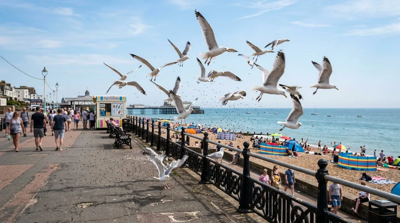 A wide editorial shot of a UK seaside promenade on a sunny July day with a flock of herring gulls wheeling and feeding low over a swarm of flying ants above the pavement