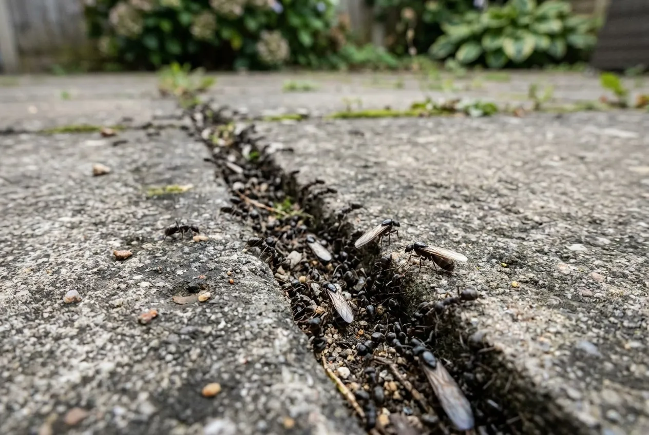 A close-up of a long column of black garden ants streaming along the gap between two grey paving slabs on a UK patio, some workers and some winged ants among them