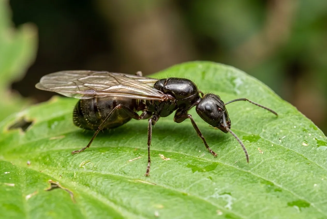 A macro photograph of a single large winged black garden ant queen resting on a green leaf in a UK garden, wings folded back, fine detail on the thorax and antennae