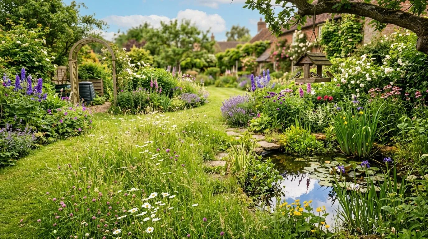 A wide editorial photograph of a thriving wildlife-friendly UK garden in July with long grass, a small pond and dense flower borders, birds in the background, on a sunny day