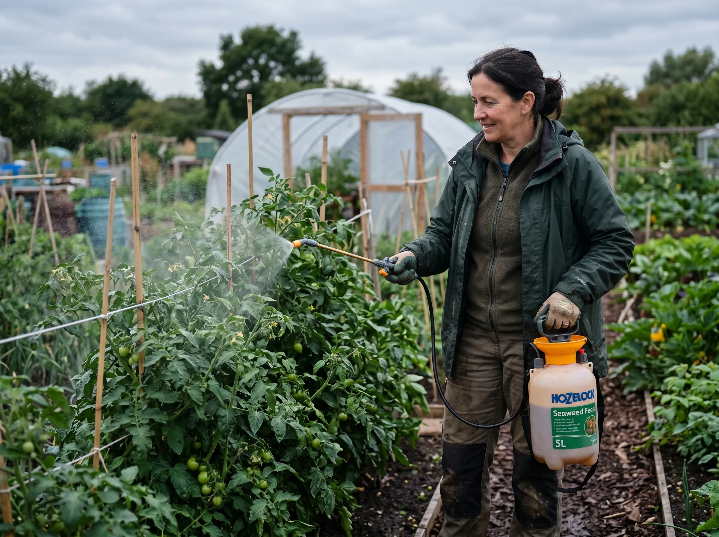 UK gardener foliar-spraying tomatoes with diluted liquid seaweed feed from a pressure sprayer in early evening, the leaves visibly wet but not dripping, growing plants healthy