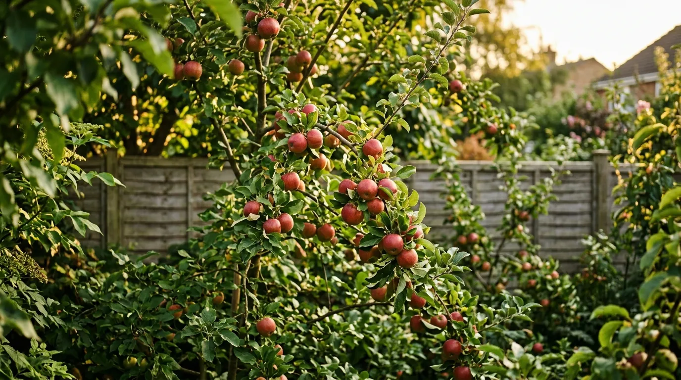 Dwarf apple tree forming the canopy layer of a suburban food forest with fruit ripening above lower planting