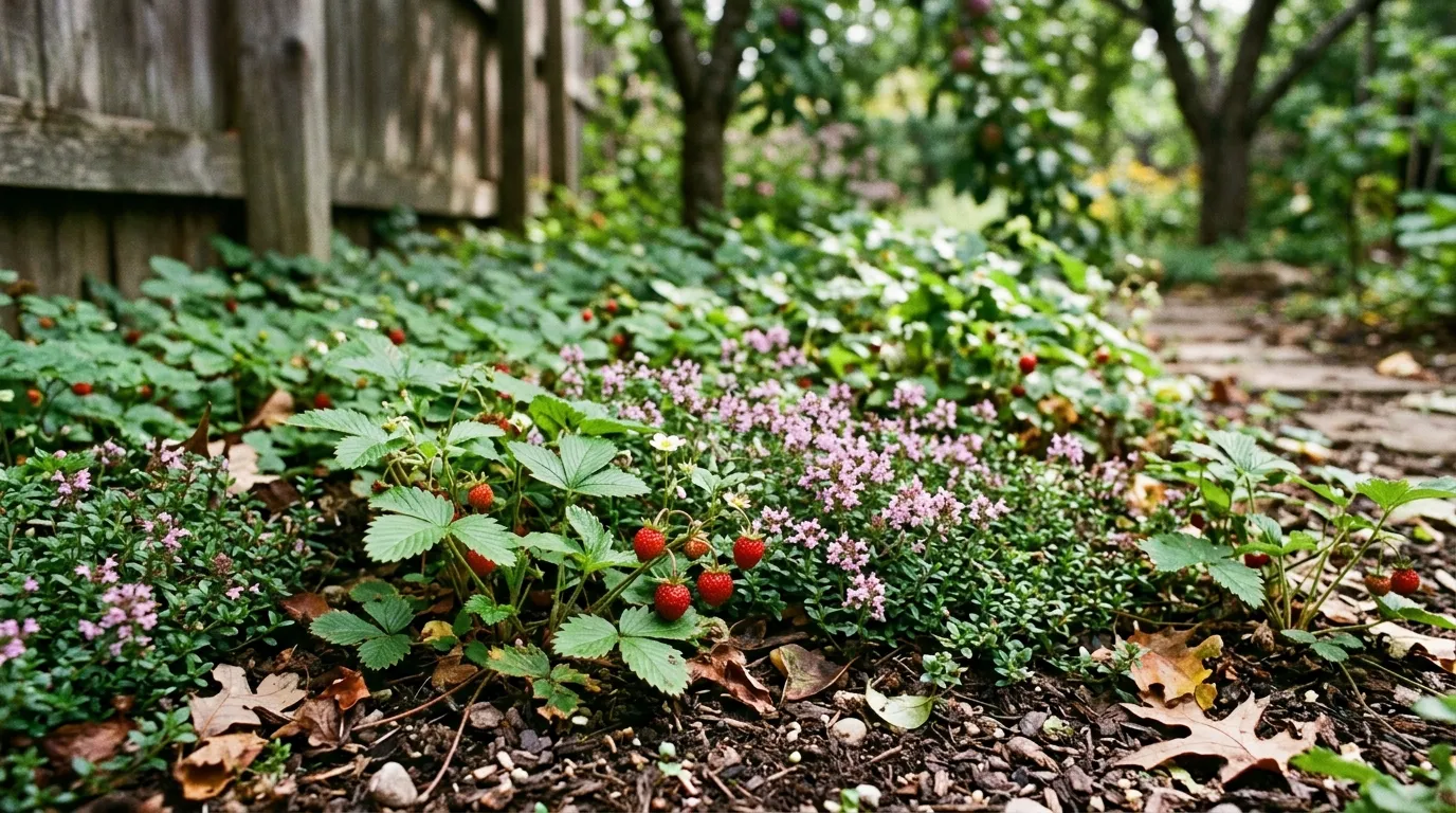 Wild strawberry and creeping thyme ground cover layer carpeting the soil of a suburban food forest