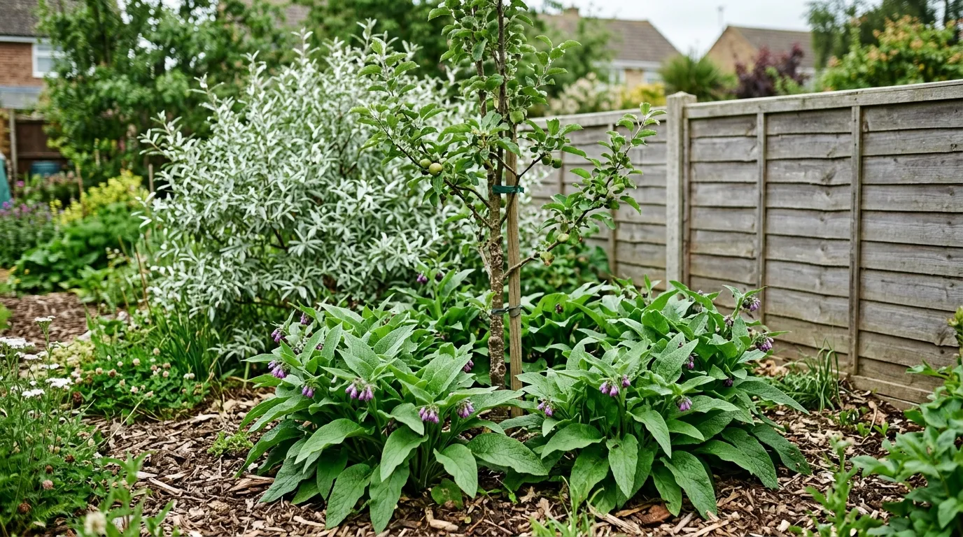 Comfrey and Elaeagnus guild planting beneath a young fruit tree feeding the food forest soil
