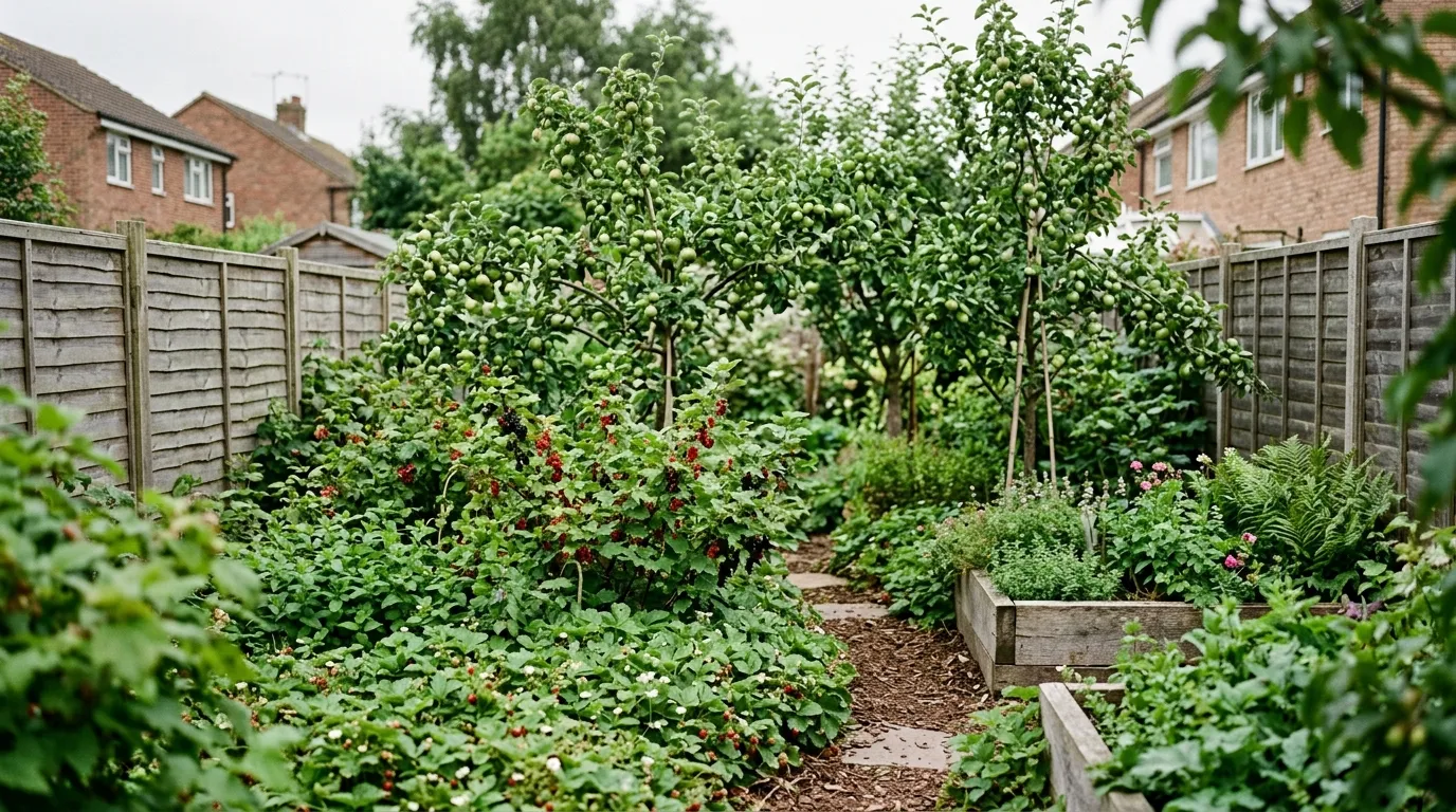 Layered food forest in a suburban Cambridgeshire back garden with dwarf fruit trees, currant shrubs and ground cover between timber fences
