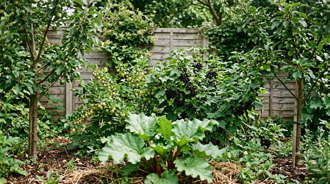 Blackcurrant and gooseberry shrub layer cropping in the dappled shade of a suburban food forest