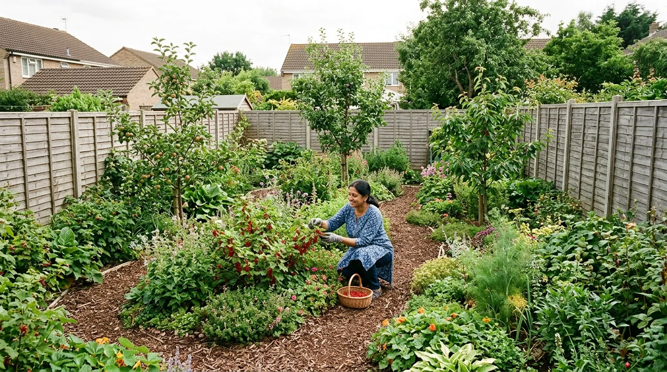 Aerial-style view of a small fenced suburban food forest in Cambridgeshire showing dwarf fruit trees and layered beds