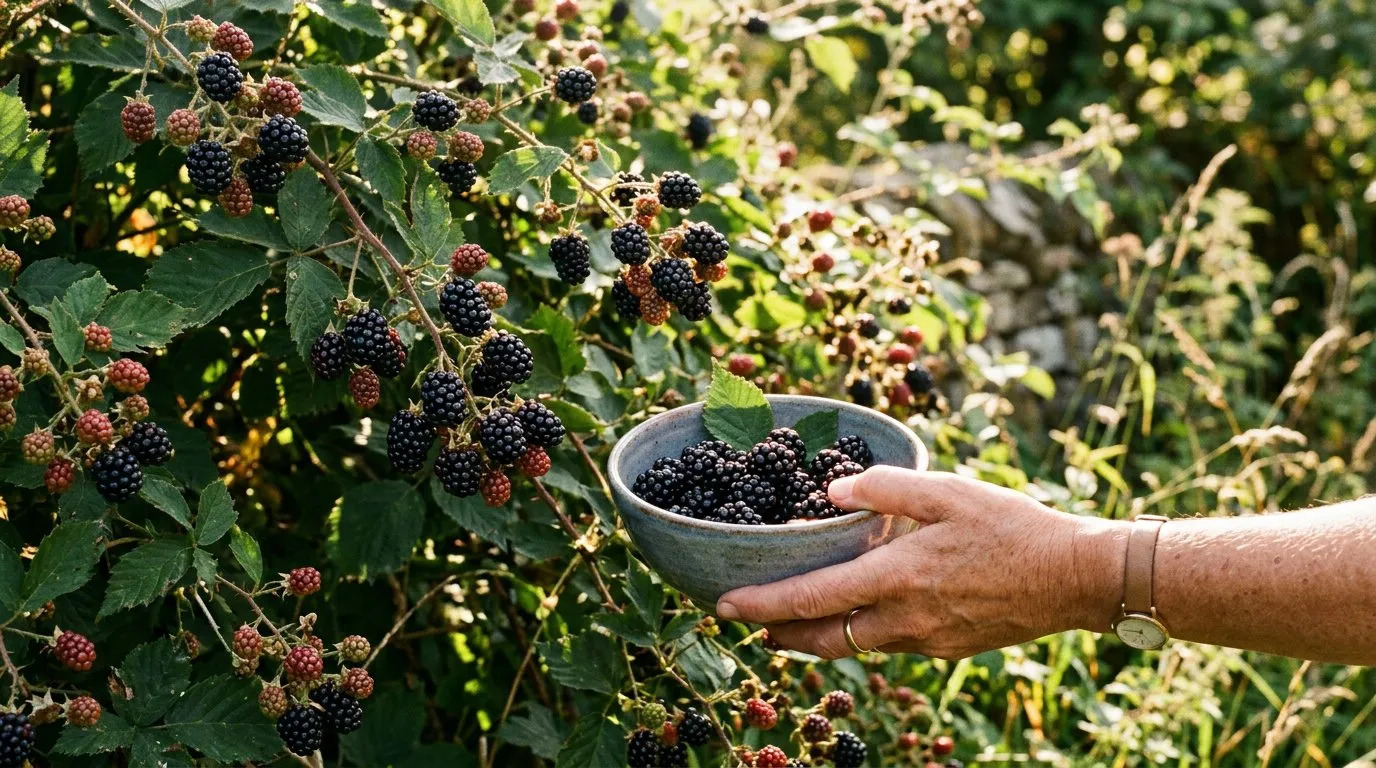 Foraging for ripe edible blackberries on a bramble bush in a UK garden hedge in late August