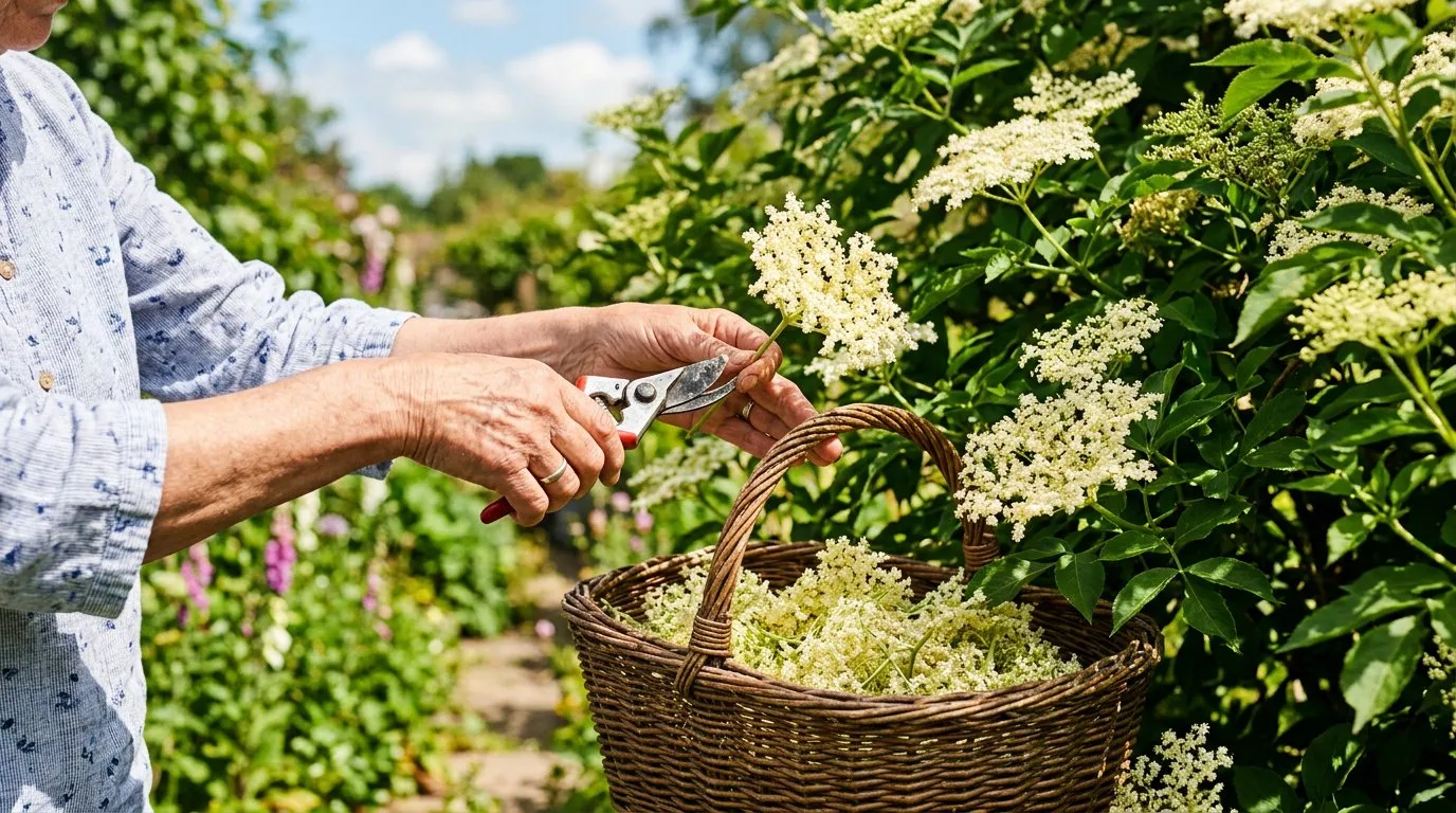 Foraging for edible elderflower heads being harvested into a wicker basket in a UK garden in June