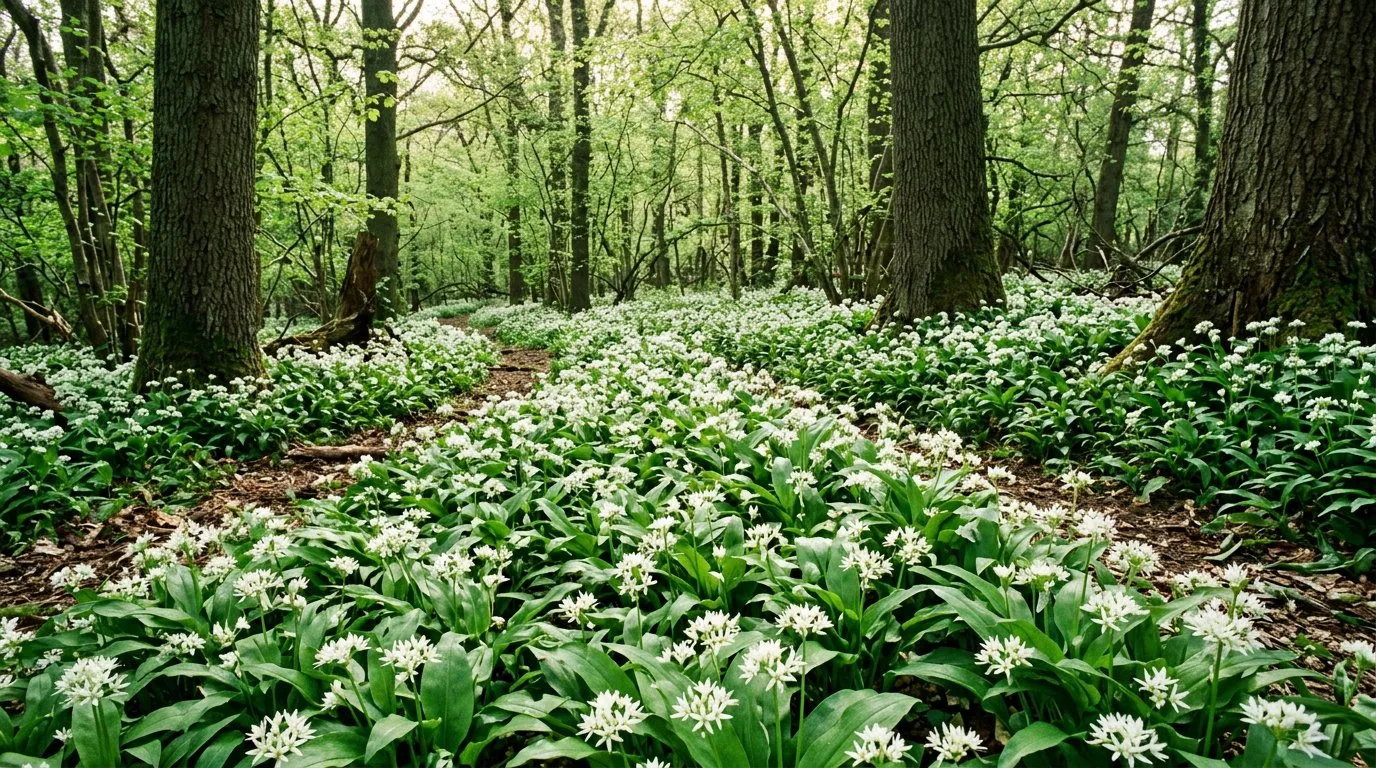 Edible wild garlic carpeting the ground under deciduous trees with white star-shaped foraged flowers