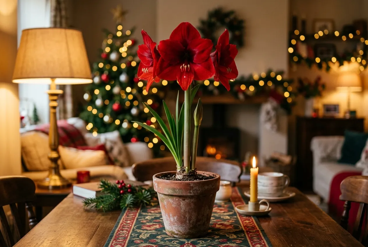Forced amaryllis hippeastrum bulb in full bloom with red flowers in a British living room