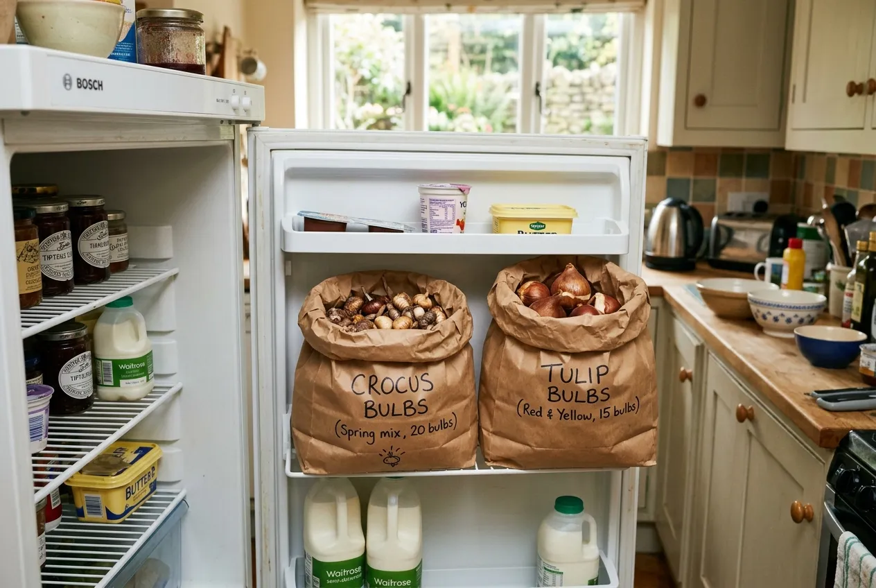 Crocus and tulip bulbs in paper bags inside a fridge being chilled for indoor forcing
