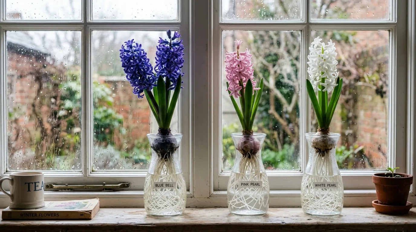Forced hyacinth bulbs flowering in glass vases on a UK windowsill with indoor flowers in bloom