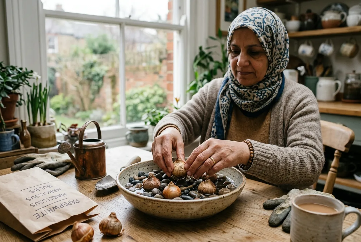 Paperwhite narcissus bulbs being planted in a shallow bowl with pebbles for indoor forcing