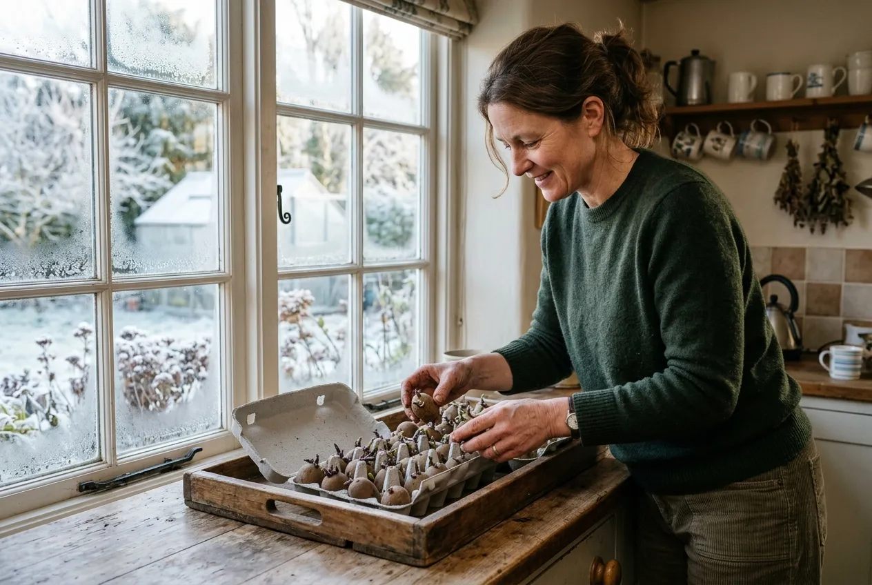 Chitting seed potatoes on a tray by a window with short green-purple sprouts in a UK cottage kitchen