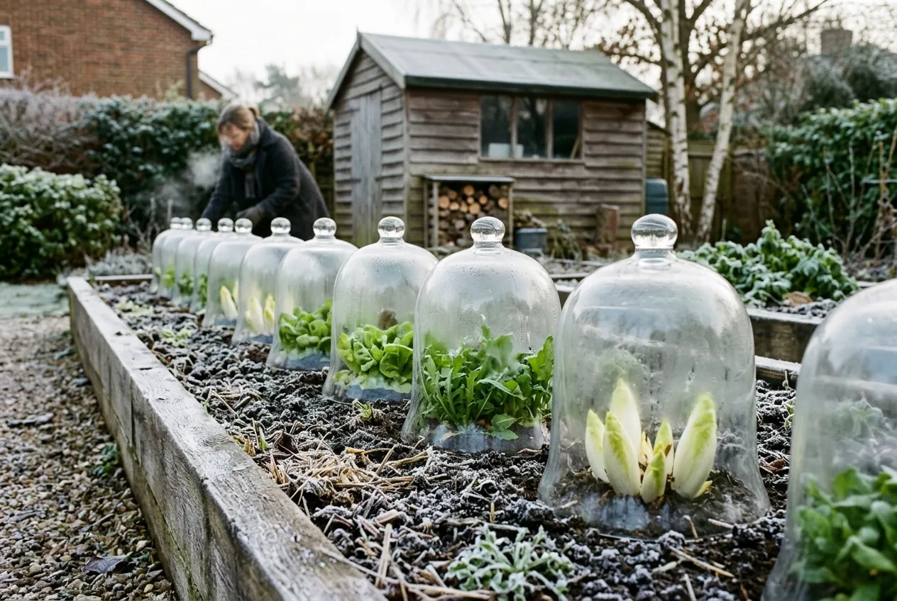 Glass bell cloches over early crops in a UK vegetable garden with frost on surrounding soil