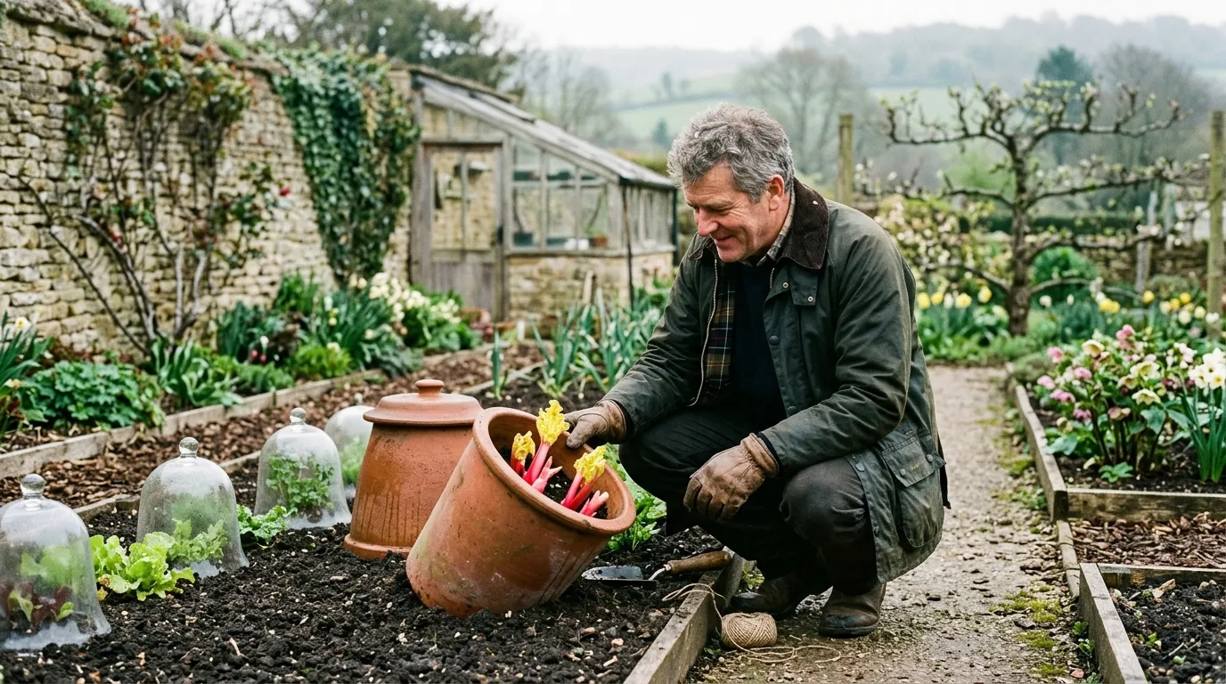 Forcing crops in a UK kitchen garden with terracotta forcing pots and glass cloches on vegetable beds in early spring