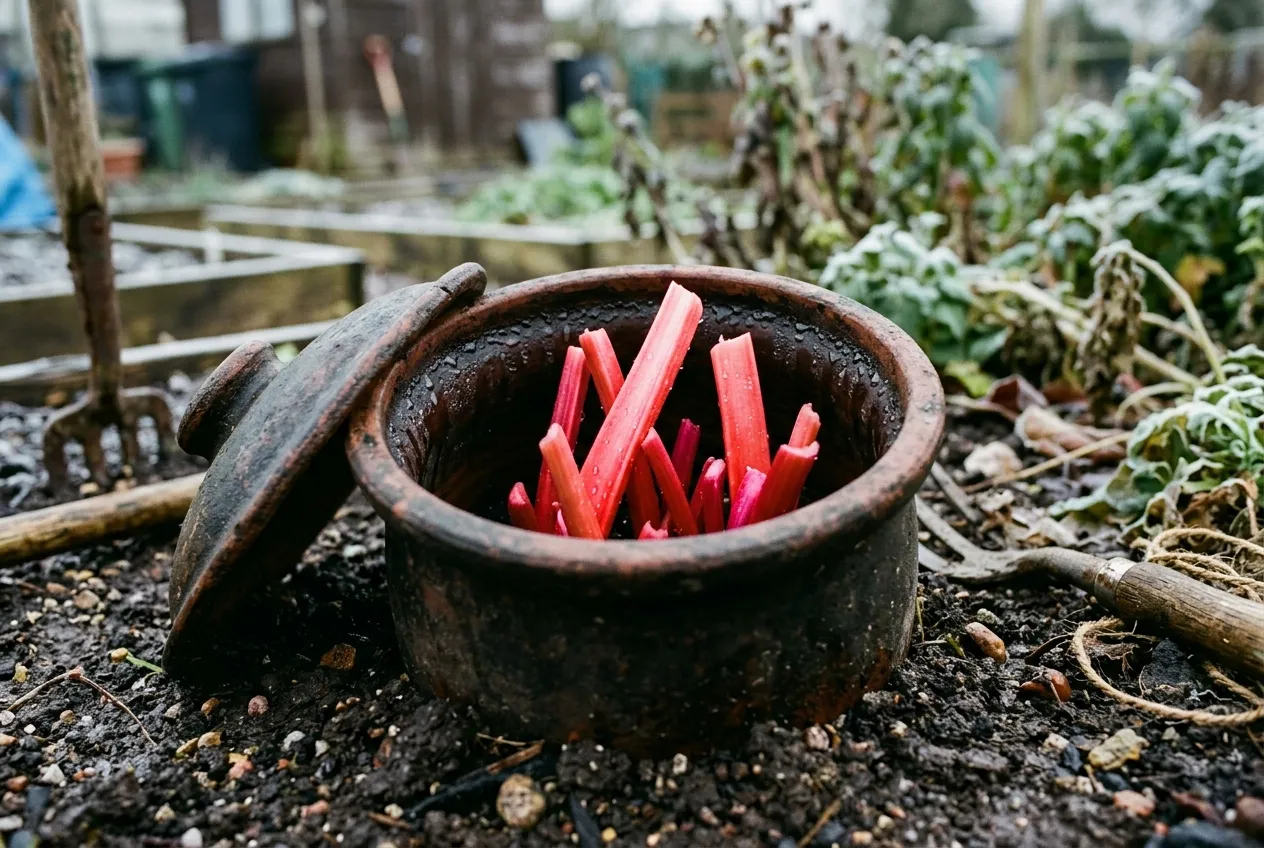 Forced rhubarb emerging from a terracotta forcing pot with vivid pink stems on a UK allotment