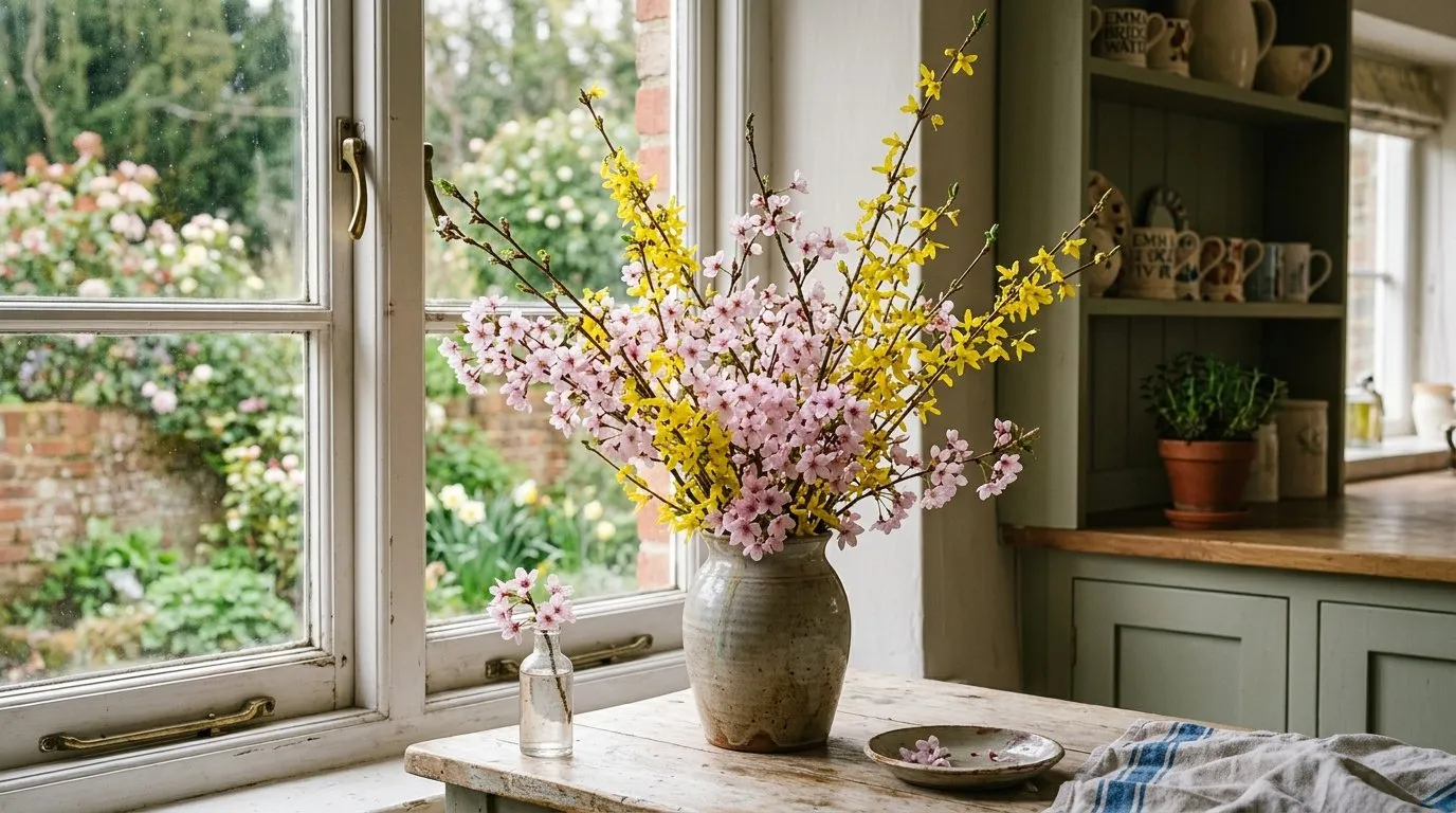 Forced flowering cherry and forsythia branches in a vase on a British kitchen windowsill