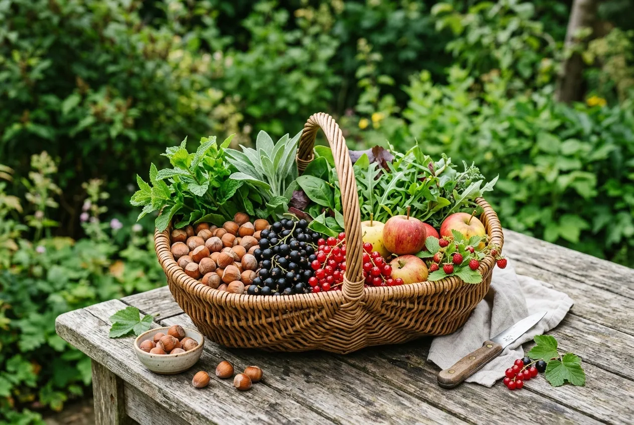 Basket of forest garden harvest including hazelnuts, currants, herbs, salad leaves, and apples on a rustic garden table
