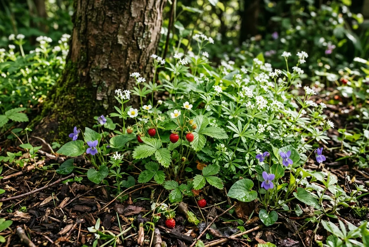 Forest garden ground cover layer with wild strawberries, sweet woodruff, and violets growing beneath a fruit tree trunk