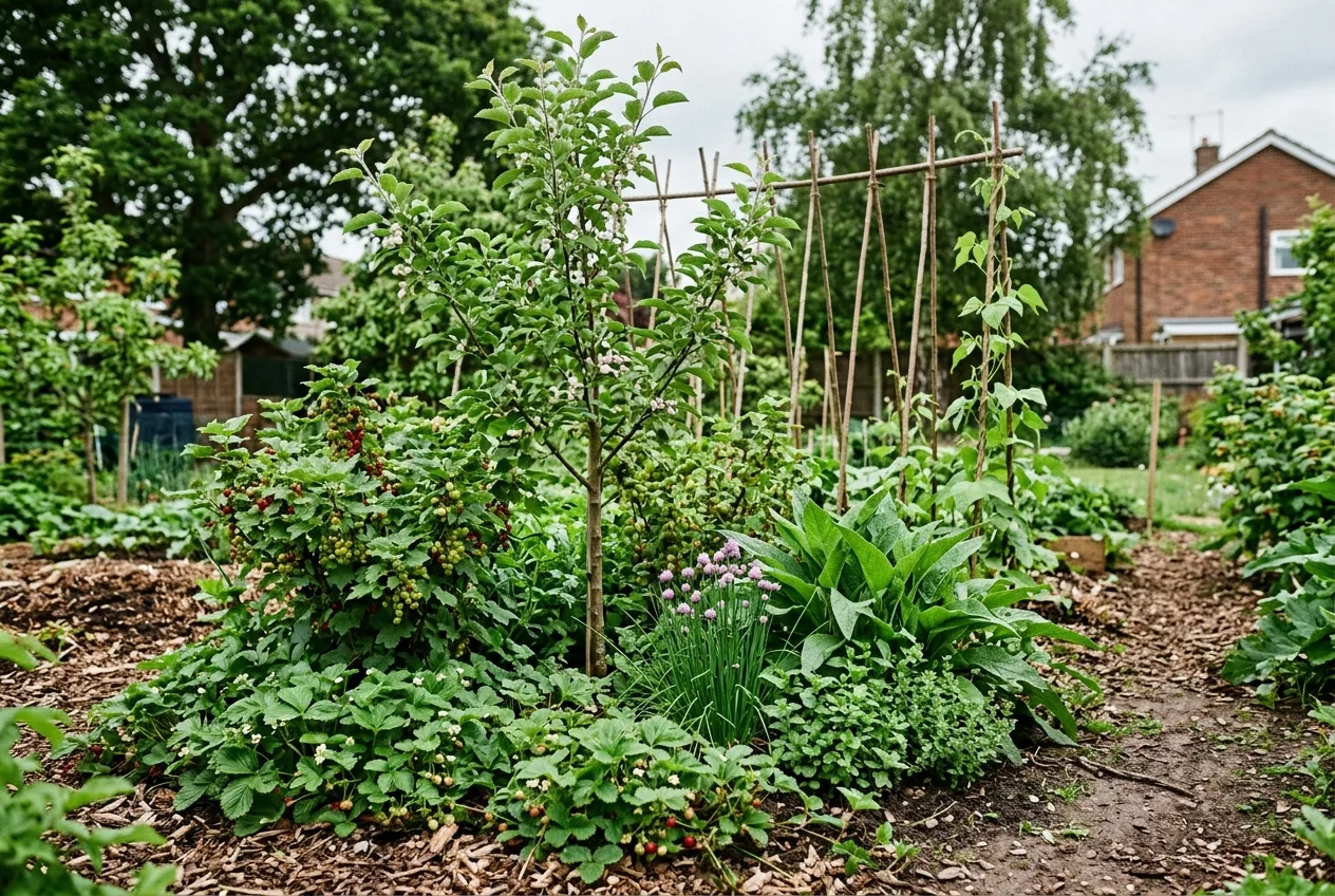Young forest garden in a UK suburban setting showing developing layers with fruit trees, currant bushes, herbs, and wood chip paths