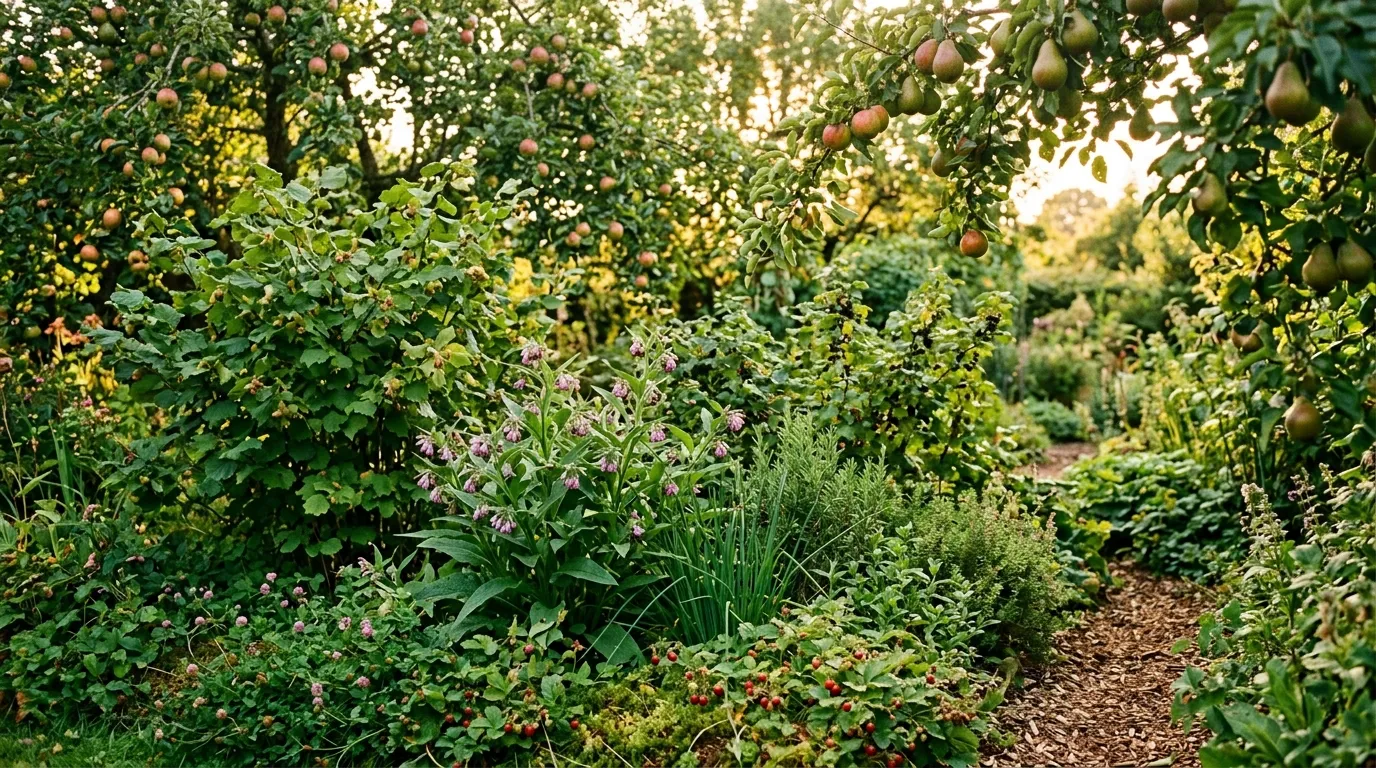 Mature forest garden in the UK with fruit trees, shrub layer, and herbaceous ground cover in dappled sunlight