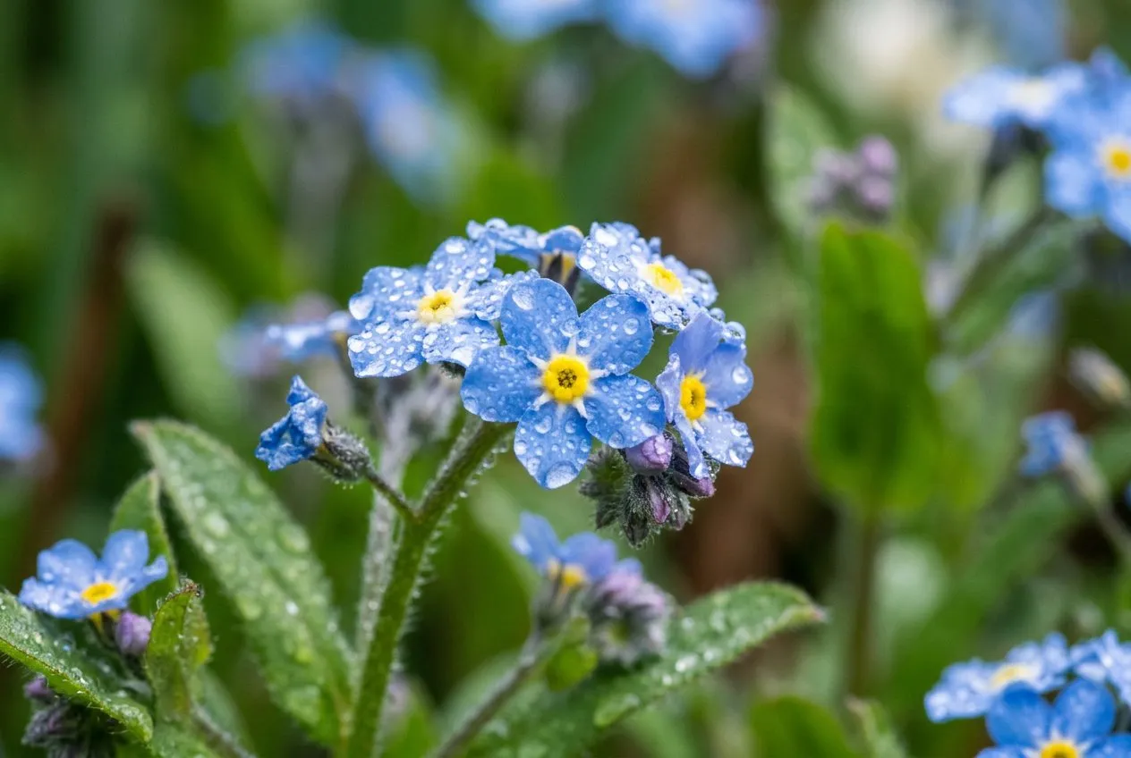 Close-up of forget-me-not blue flowers with yellow centres and morning dew on petals