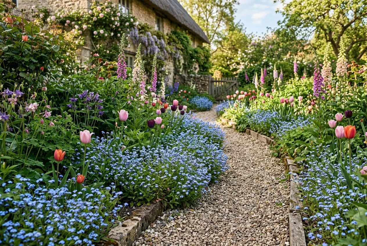 Forget-me-nots self-seeding along a gravel path in an English cottage garden with tulips and foxgloves