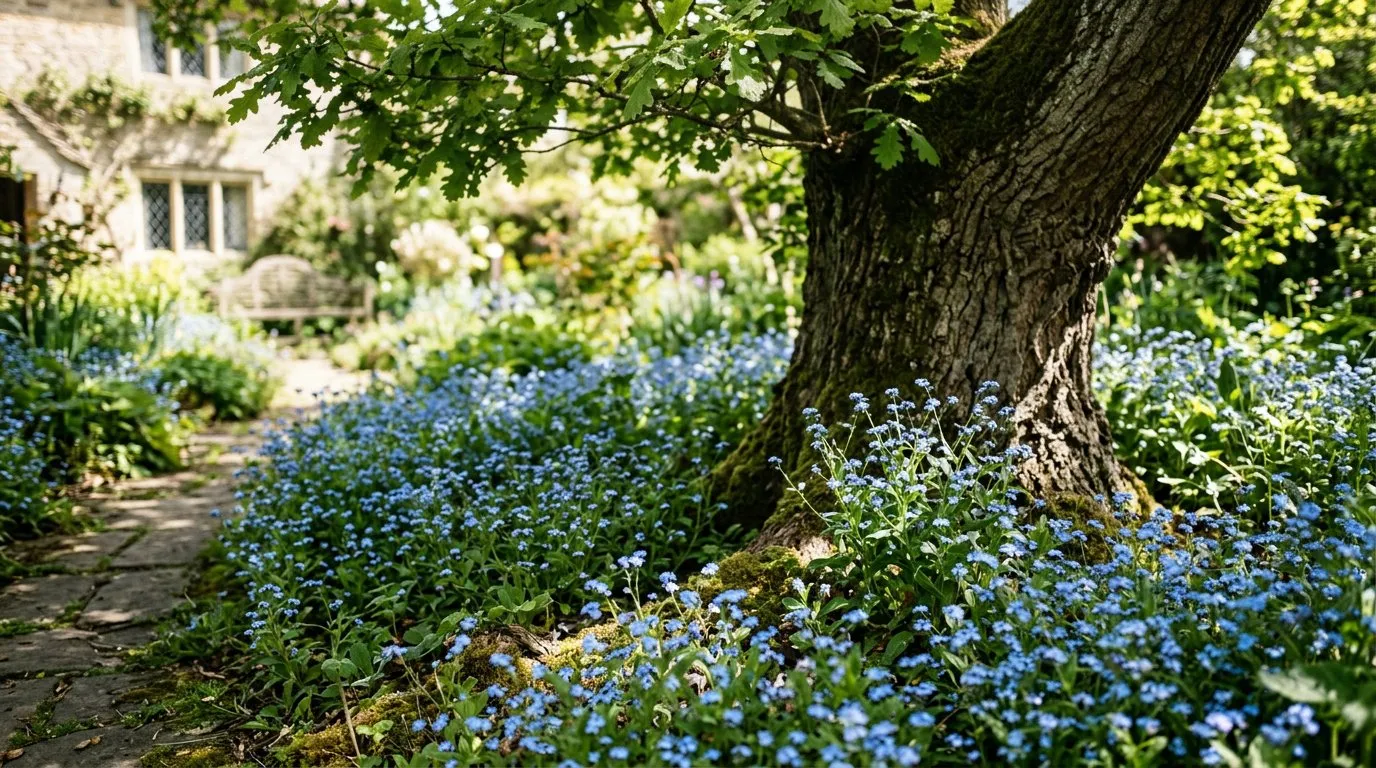 Blue forget-me-nots growing beneath a tree in a shaded UK cottage garden in spring