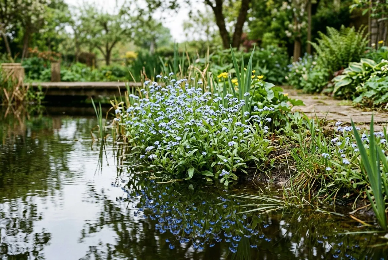 Water forget-me-nots growing at the edge of a garden pond with reflections in the water