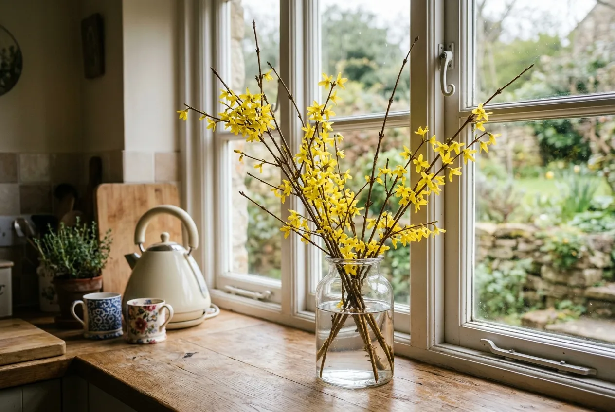 Cut forsythia branches forced into bloom indoors in a glass vase on a kitchen windowsill