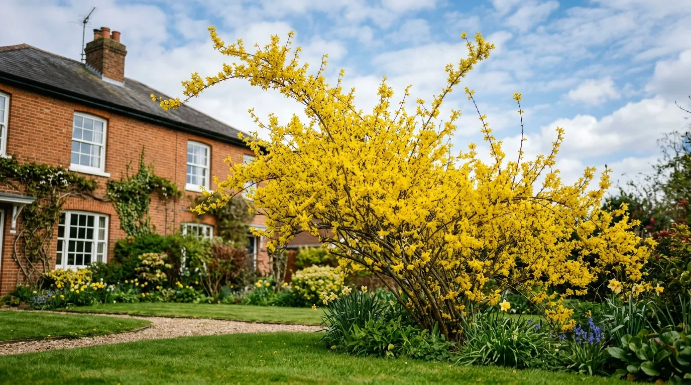 Forsythia shrub in full golden-yellow bloom in a UK garden with brick house and spring flowers