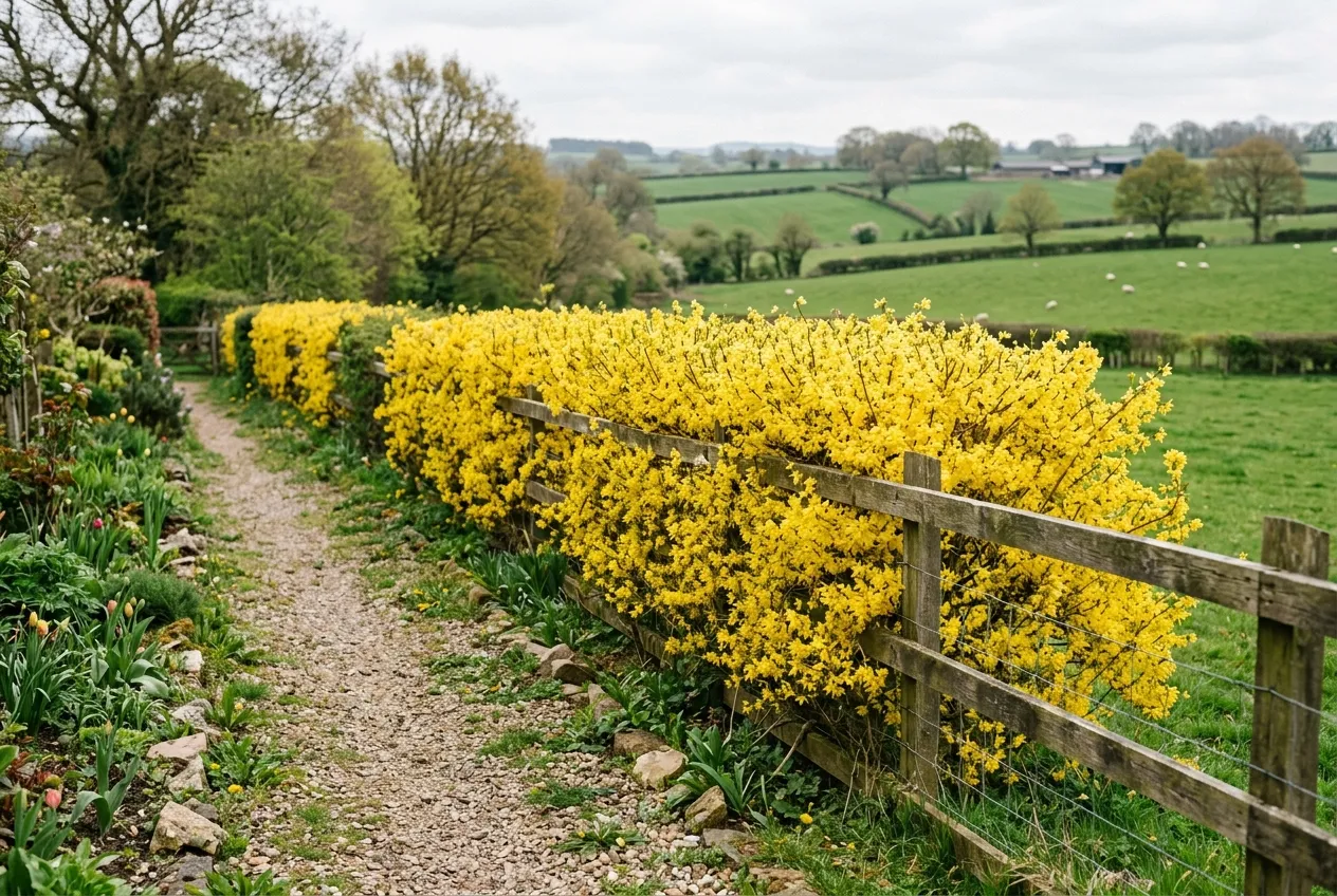 Forsythia hedge in full golden-yellow flower along a UK garden boundary with countryside beyond