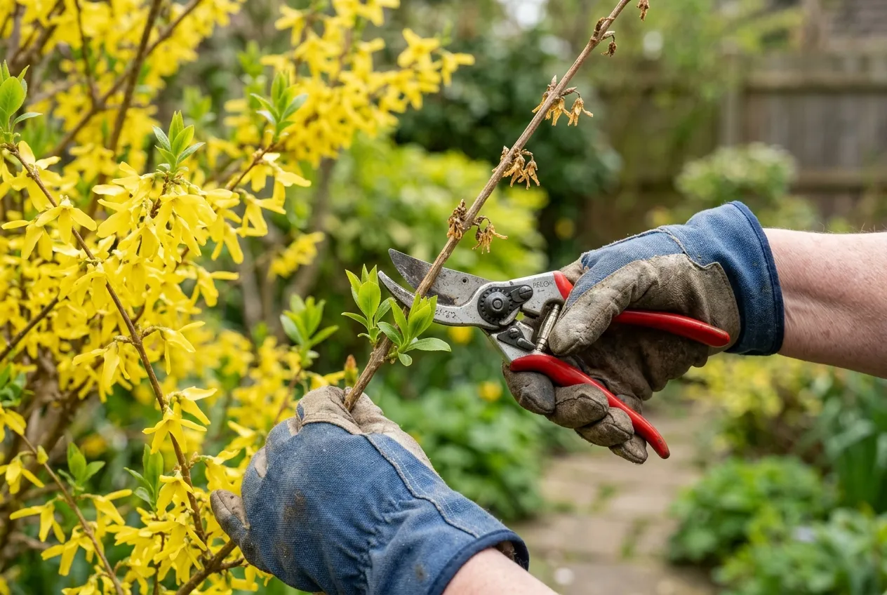 Hands pruning forsythia stems with bypass secateurs after flowering in a UK garden
