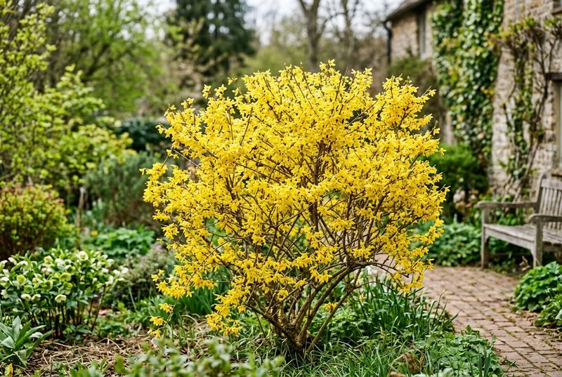 Forsythia (Forsythia x intermedia) growing in a UK garden