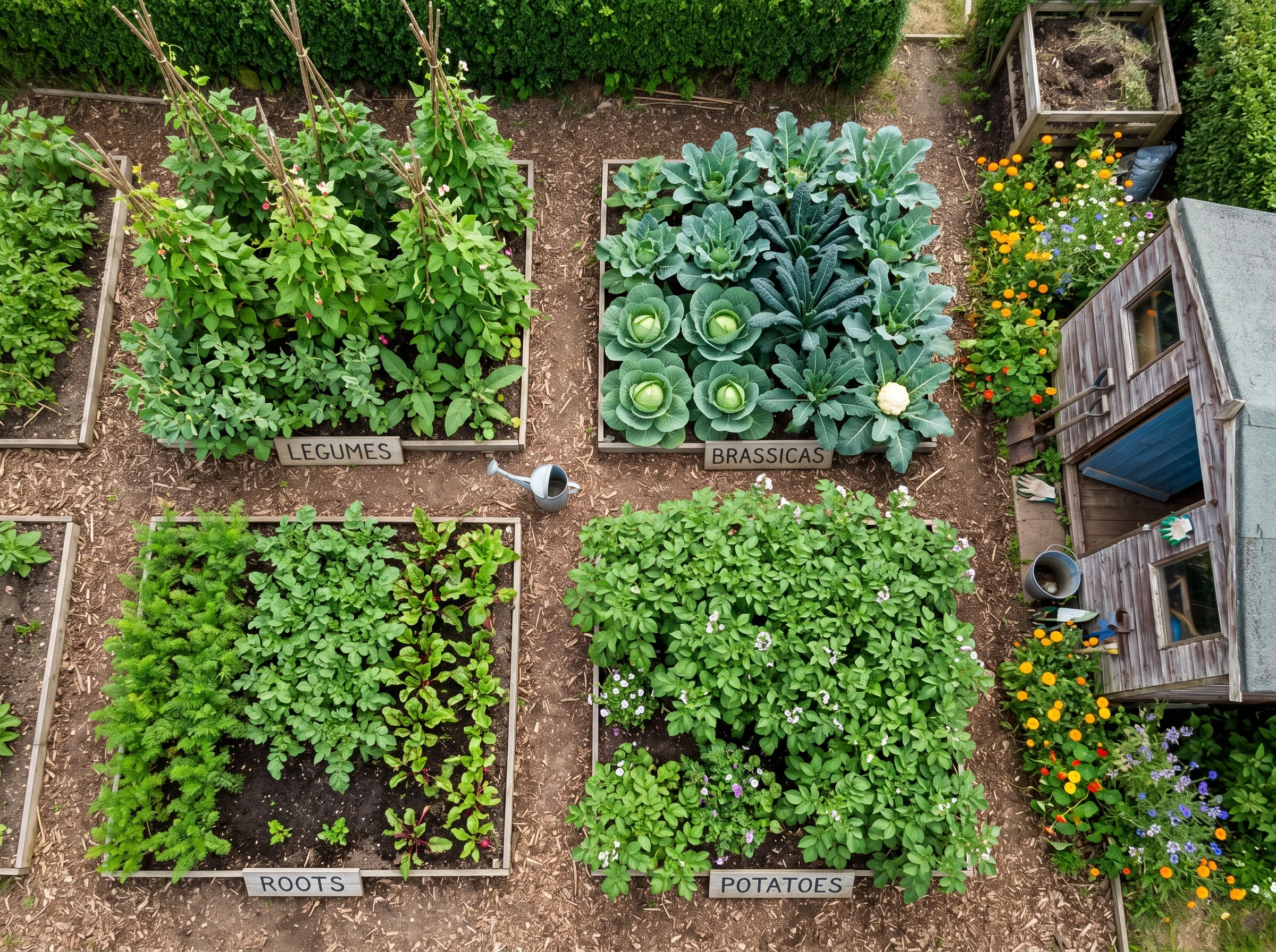 UK allotment top-down photograph showing four rectangular vegetable beds clearly visible in a 4-bed rotation layout, each labelled with a wooden sign reading Legumes Brassicas Roots Potatoes, midsummer growth with bean wigwams in one cabbage in another etc